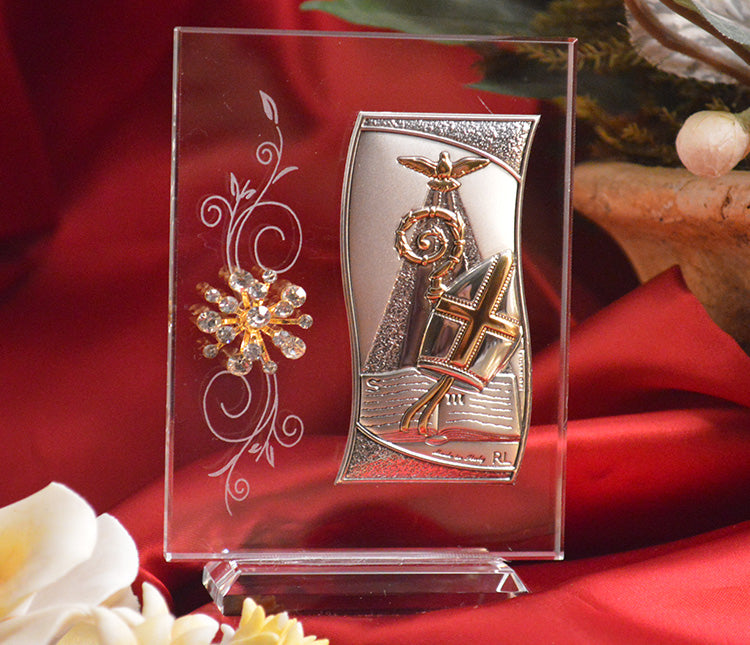 Italian Silver Confirmation icon on a glass stand