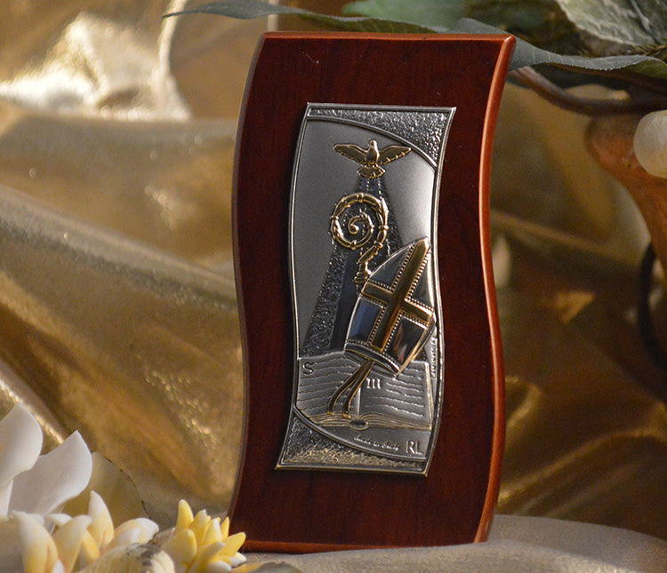 Italian Silver Confirmation icon on a wood stand