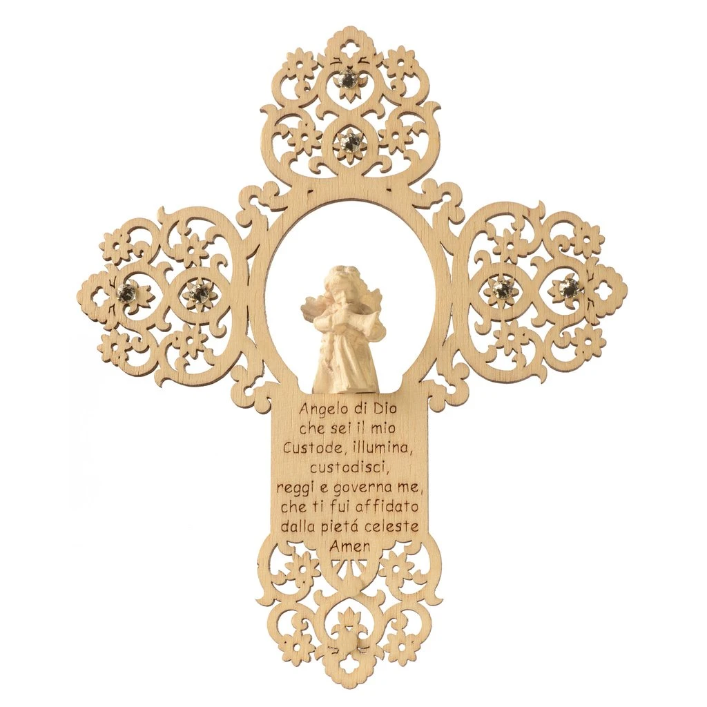 Guardian Angel Prayer with Swarovski Cross-From Val Gardena, Italy